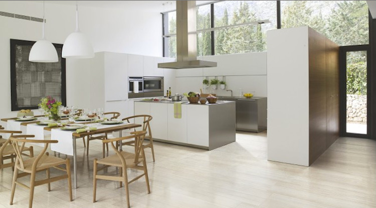 This is an example of a medium sized contemporary kitchen/dining room in San Francisco with white walls.