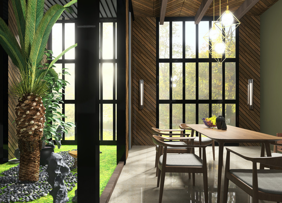 Inspiration pour une salle à manger chalet avec un mur vert, un sol en marbre, un sol beige, poutres apparentes et un mur en parement de brique.
