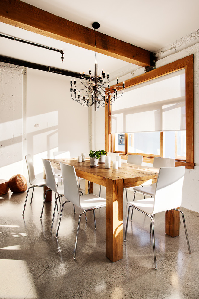 Свежая идея для дизайна: столовая в современном стиле с белыми стенами - отличное фото интерьера