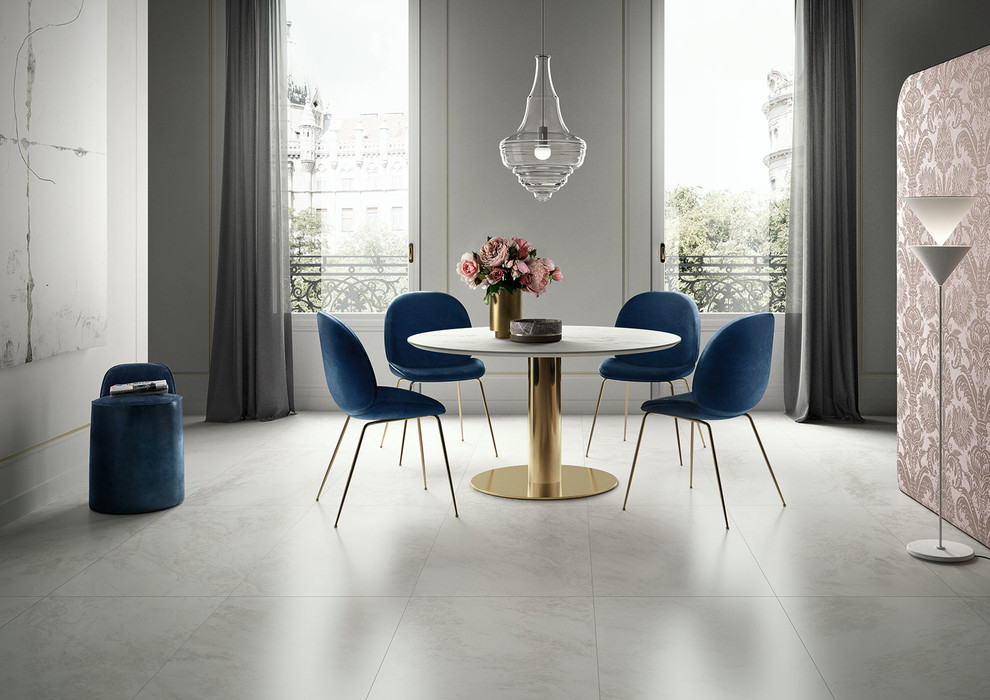 Photo of a medium sized contemporary enclosed dining room in Sydney with grey walls, porcelain flooring and beige floors.