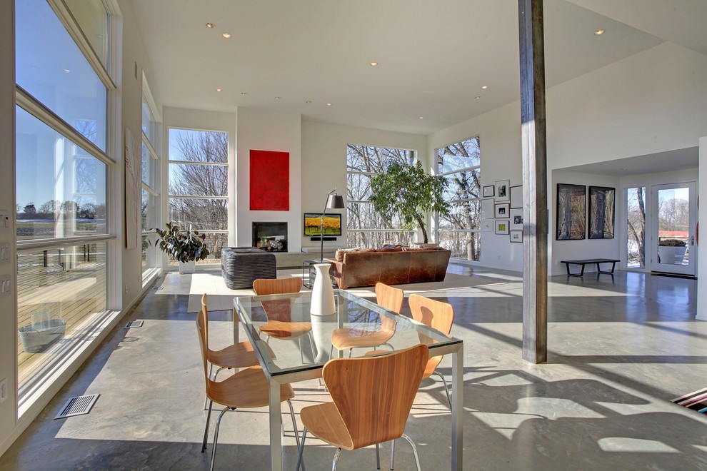 This is an example of a modern dining room in Minneapolis with concrete flooring, white walls and grey floors.