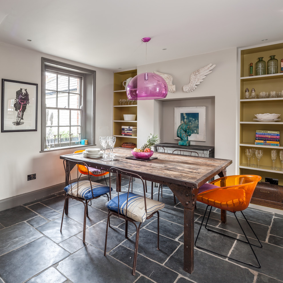 Inspiration for an eclectic dining room remodel in Oxfordshire with white walls and no fireplace