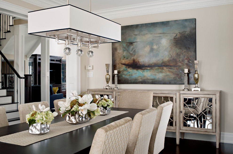Inspiration for a large transitional dark wood floor dining room remodel in Toronto with beige walls