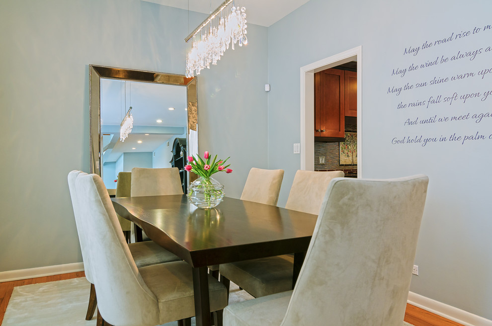 Ispirazione per una sala da pranzo moderna di medie dimensioni con pareti blu e parquet chiaro