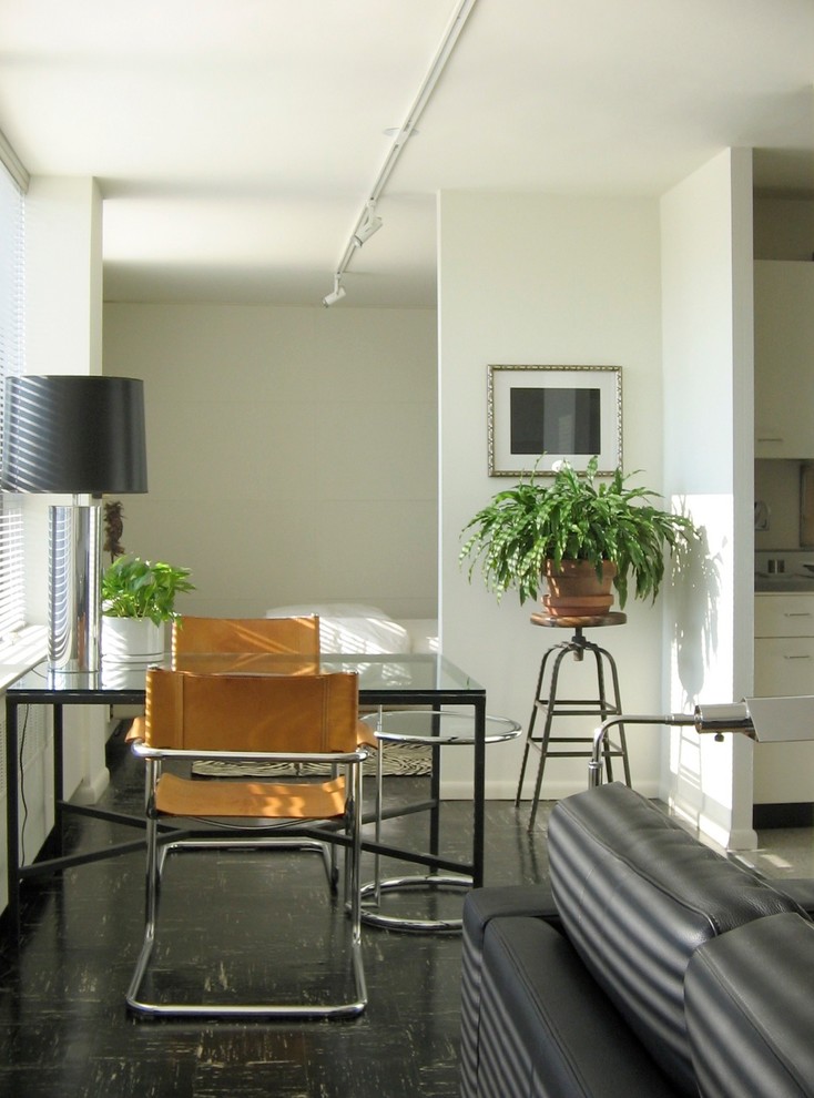 Idee per una piccola sala da pranzo moderna con pareti bianche e pavimento in linoleum
