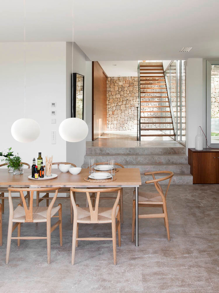 Источник вдохновения для домашнего уюта: большая кухня-столовая в современном стиле с белыми стенами без камина