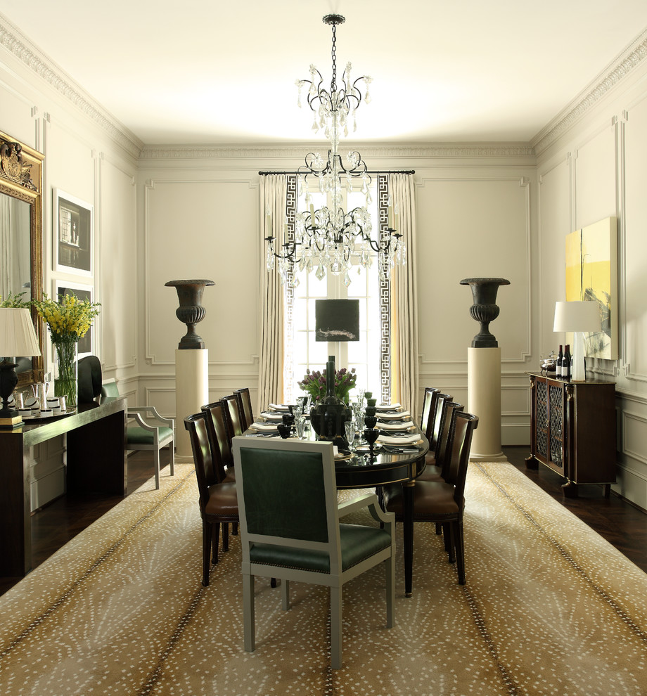 Inspiration for a transitional dark wood floor dining room remodel in Atlanta with white walls