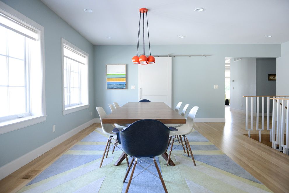 Стильный дизайн: столовая в современном стиле с синими стенами, паркетным полом среднего тона и коричневым полом - последний тренд