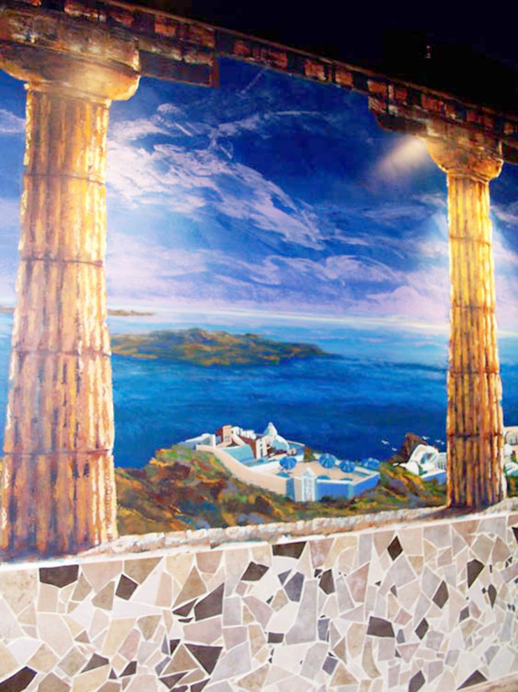 Foto de comedor grande abierto con paredes multicolor, suelo de baldosas de cerámica, chimenea de esquina y marco de chimenea de ladrillo