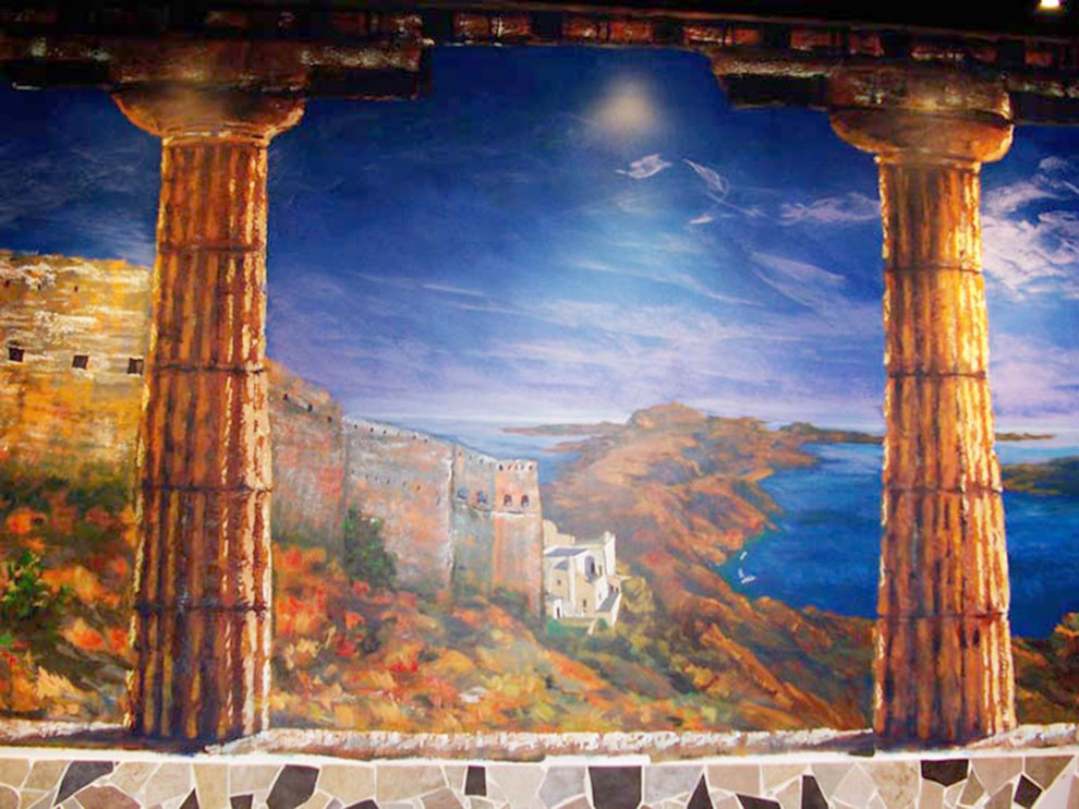 Imagen de comedor grande abierto con paredes multicolor, suelo de baldosas de cerámica, chimenea de esquina y marco de chimenea de ladrillo
