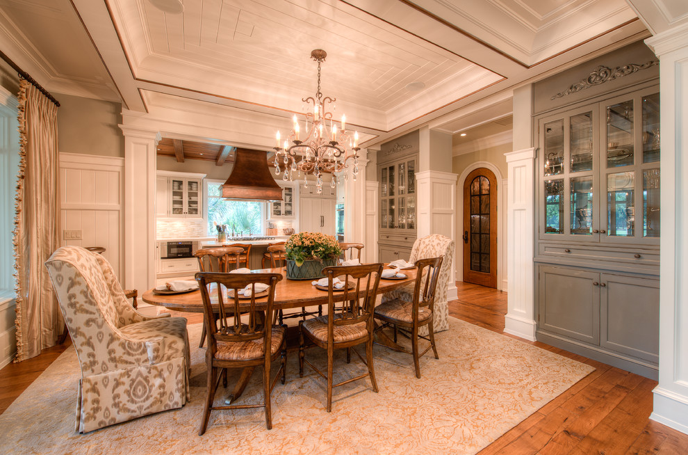 Inspiration for a classic kitchen/dining room in Charleston with grey walls and dark hardwood flooring.