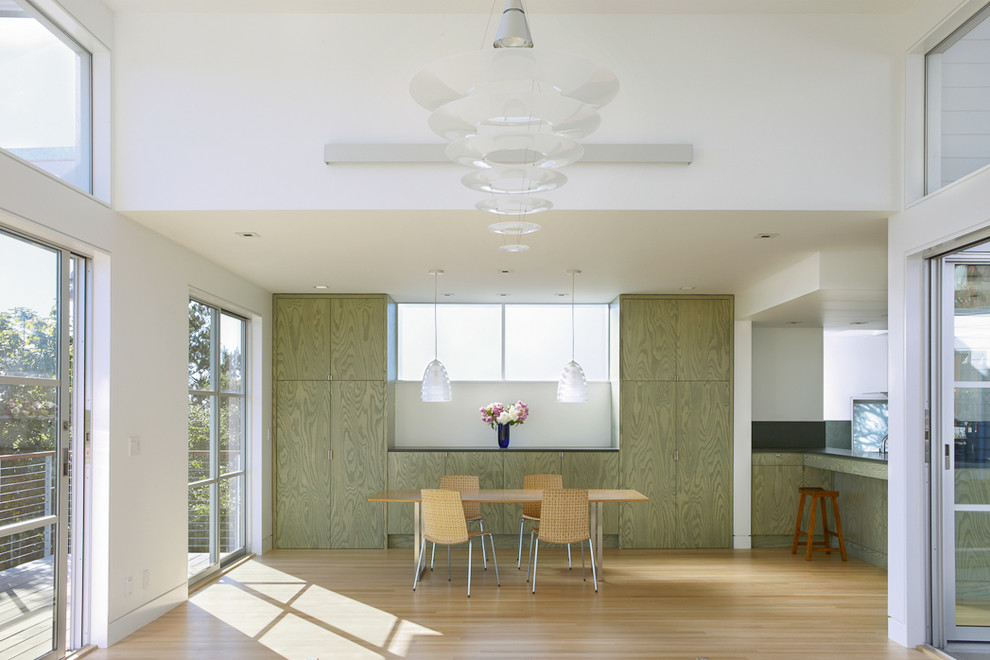 Trendy light wood floor dining room photo in San Francisco with white walls