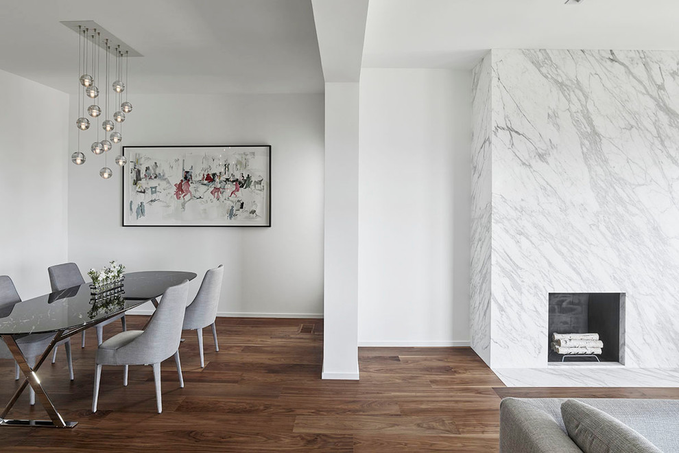 Aménagement d'une salle à manger ouverte sur le salon contemporaine de taille moyenne avec un mur blanc, parquet foncé, une cheminée standard et un manteau de cheminée en pierre.