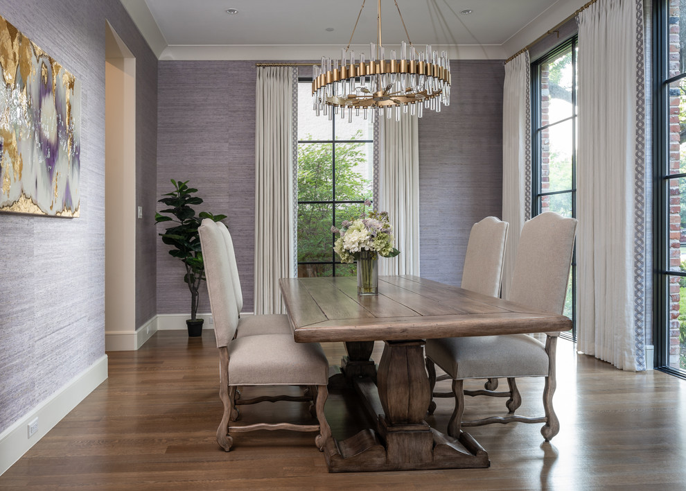 Inspiration for a transitional dark wood floor and brown floor dining room remodel in Dallas with gray walls