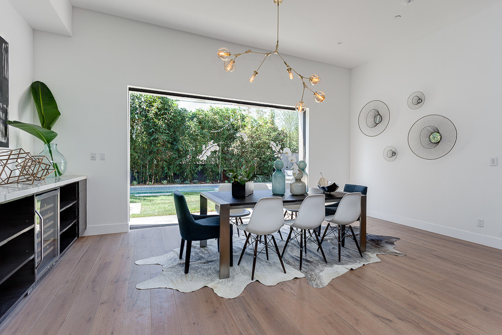Esempio di una sala da pranzo aperta verso il soggiorno minimalista di medie dimensioni con pareti bianche, pavimento in vinile e cornice del camino in pietra