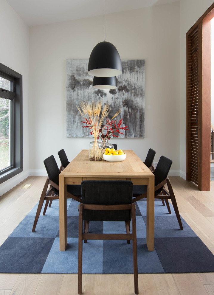 Mid-sized danish light wood floor enclosed dining room photo in Toronto with white walls