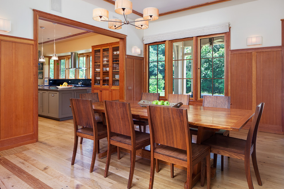 Inspiration for a craftsman light wood floor enclosed dining room remodel in Wilmington with white walls