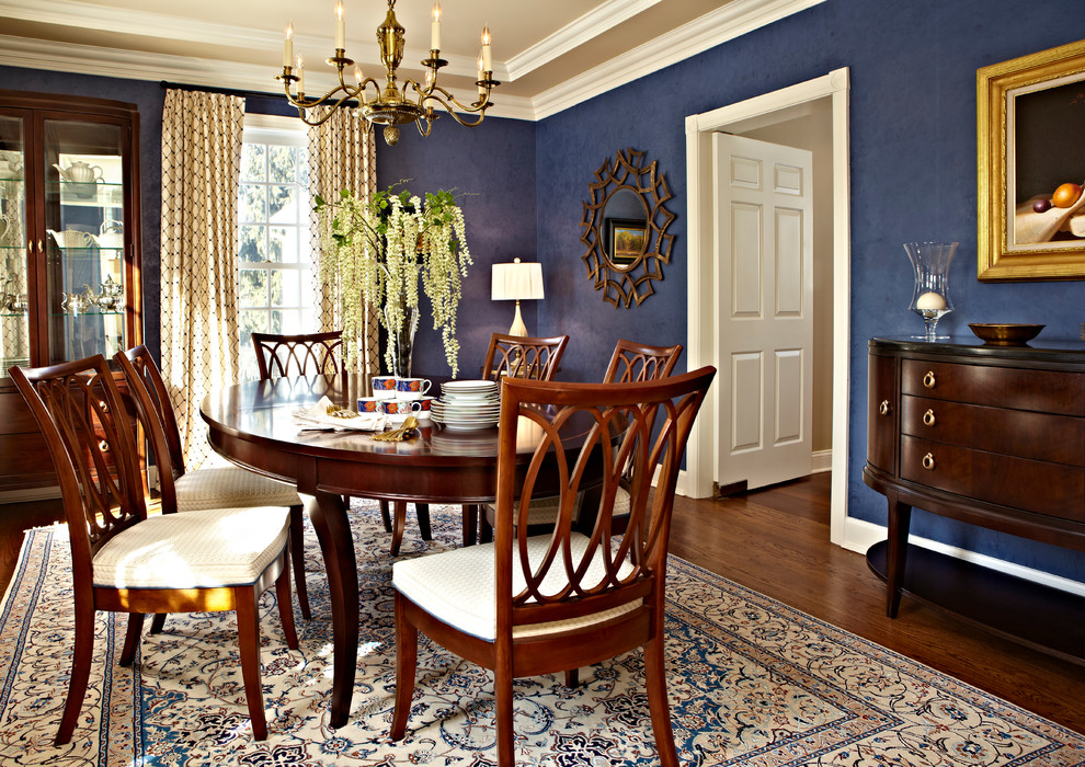 Esempio di una sala da pranzo tradizionale chiusa con pareti blu e parquet scuro