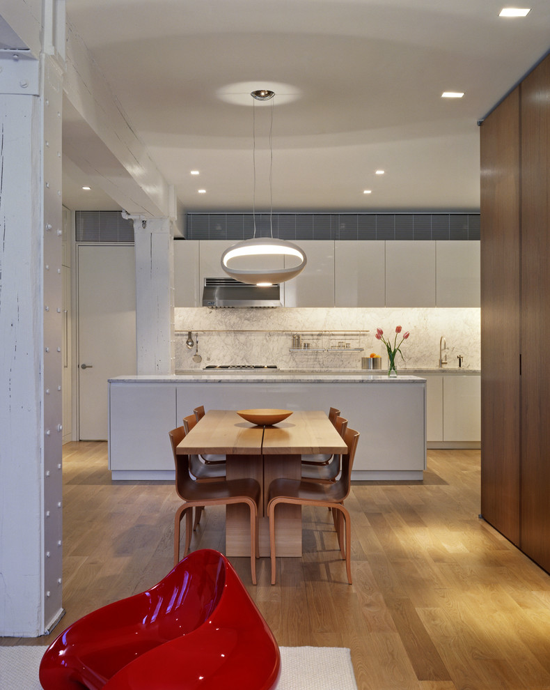 Urban light wood floor kitchen/dining room combo photo in New York with no fireplace
