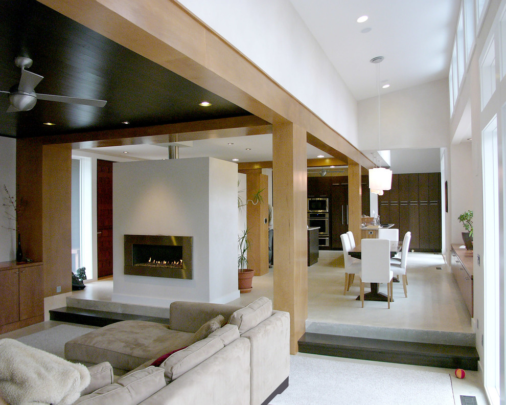 ワシントンD.C.にある高級な広いコンテンポラリースタイルのおしゃれなLDK (白い壁、トラバーチンの床、横長型暖炉、金属の暖炉まわり、ベージュの床) の写真