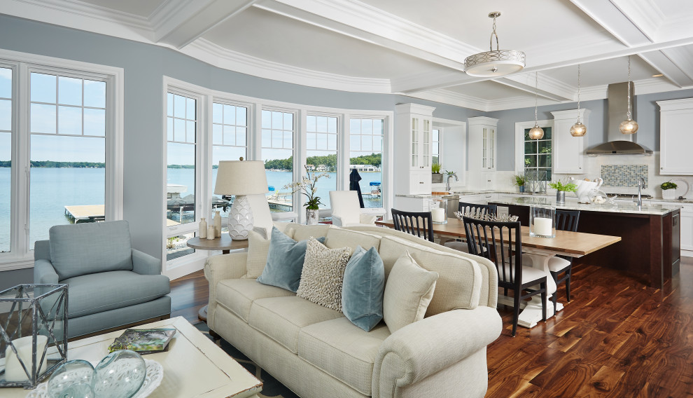 Design ideas for a medium sized coastal kitchen/dining room in Grand Rapids with blue walls, medium hardwood flooring and a coffered ceiling.