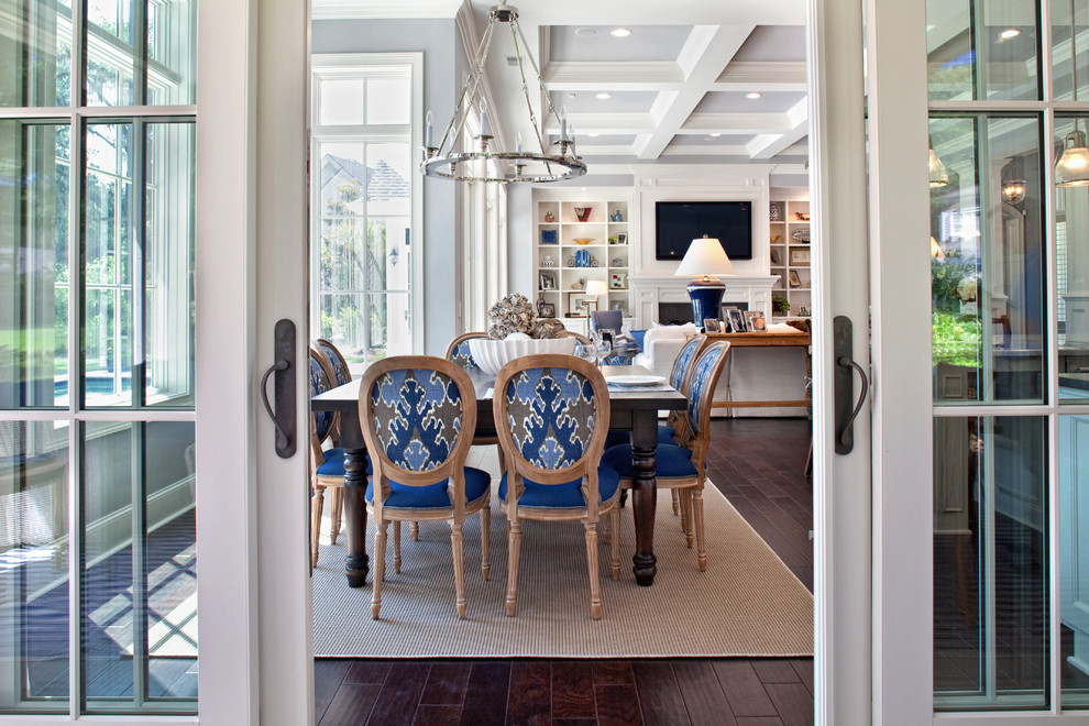 Inspiration for a traditional open plan dining room in Atlanta with grey walls and dark hardwood flooring.