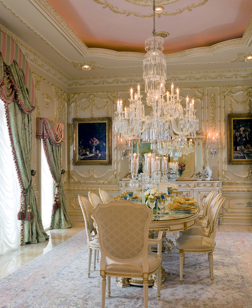 Example of a large classic marble floor enclosed dining room design in DC Metro with beige walls and no fireplace