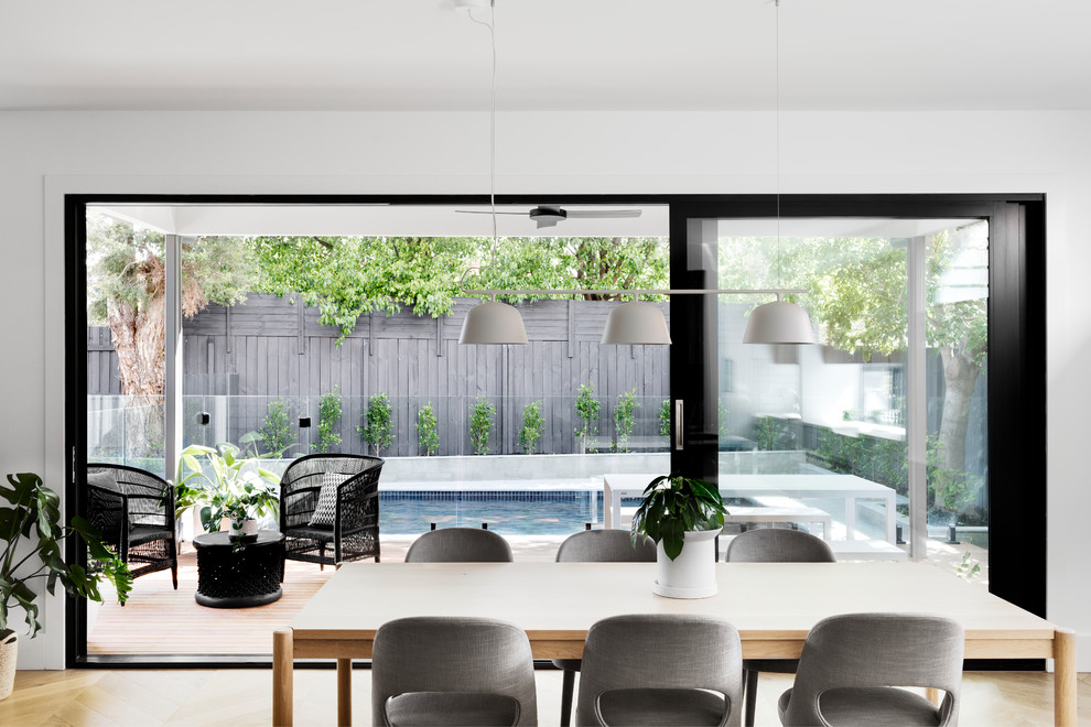 Offenes Modernes Esszimmer mit weißer Wandfarbe, braunem Holzboden und braunem Boden in Melbourne