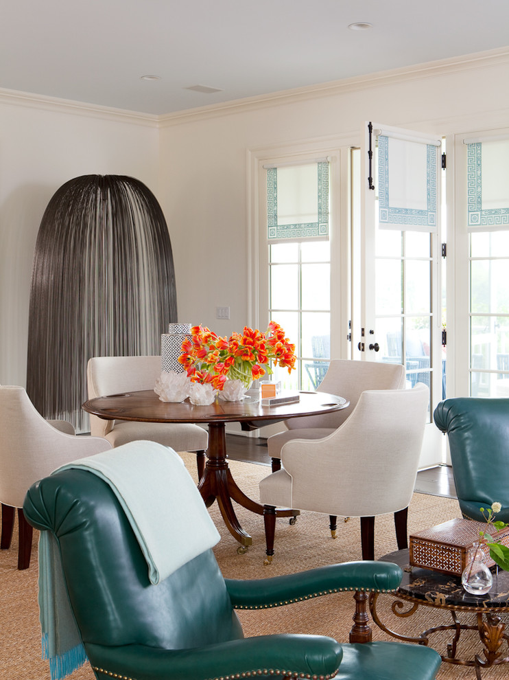 Inspiration for a huge transitional carpeted dining room remodel in New York with white walls