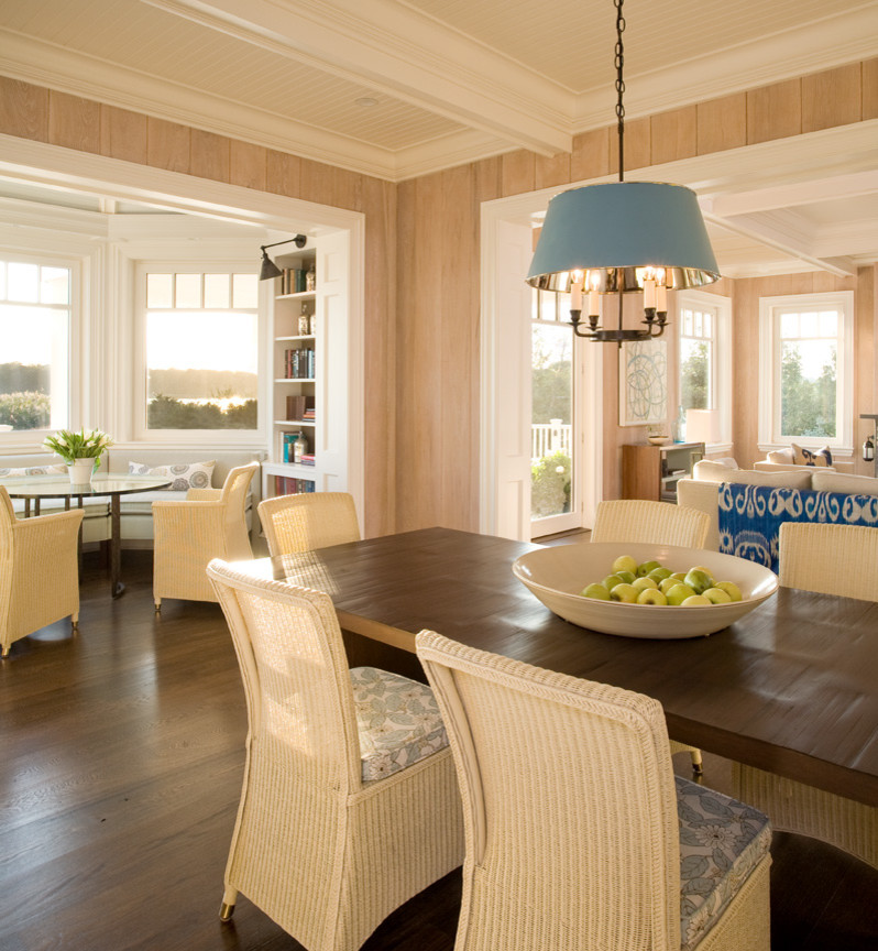 Esempio di un'ampia sala da pranzo aperta verso la cucina stile marino con pareti beige e parquet scuro