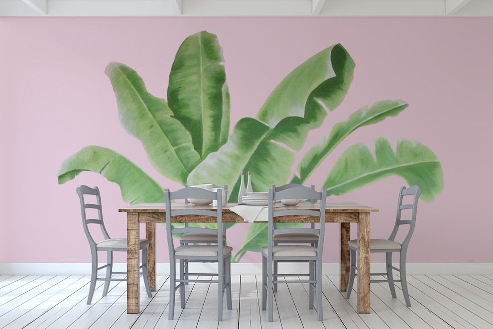 На фото: большая гостиная-столовая в стиле модернизм с розовыми стенами с
