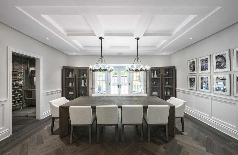 Enclosed dining room - transitional dark wood floor and brown floor enclosed dining room idea in Ottawa with gray walls and no fireplace