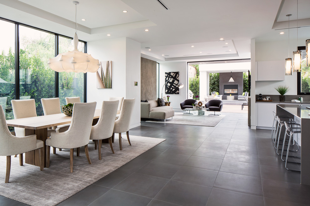 Immagine di una grande sala da pranzo aperta verso il soggiorno moderna con pavimento in gres porcellanato
