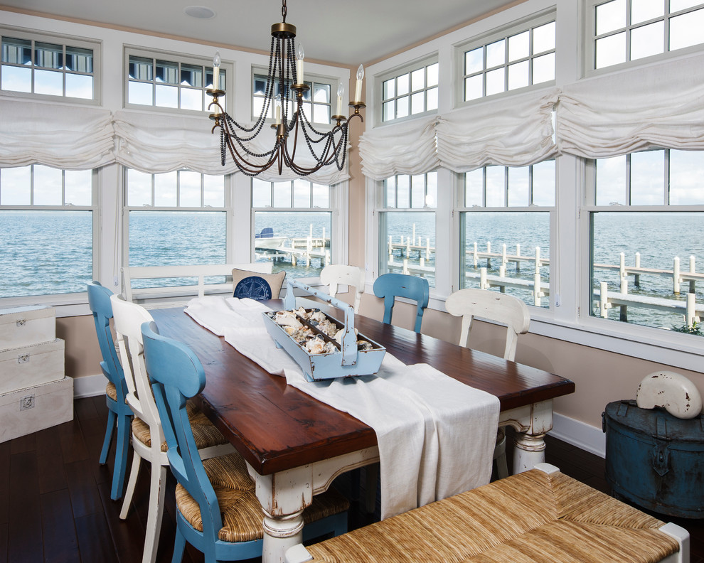 Foto di una sala da pranzo stile marinaro con pareti beige e parquet scuro