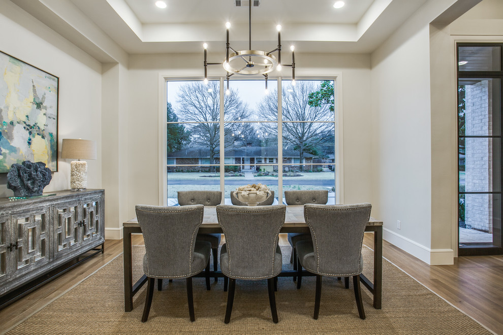 This is an example of a classic dining room in Dallas with feature lighting.