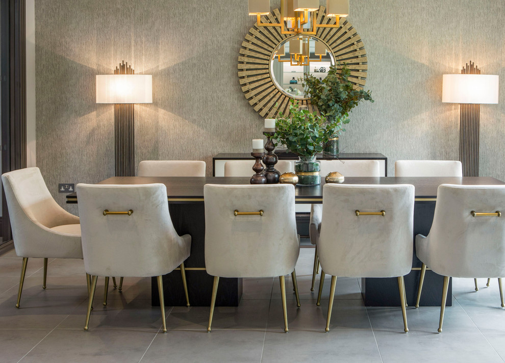 Inspiration for a classic dining room in Surrey with grey walls, grey floors and feature lighting.