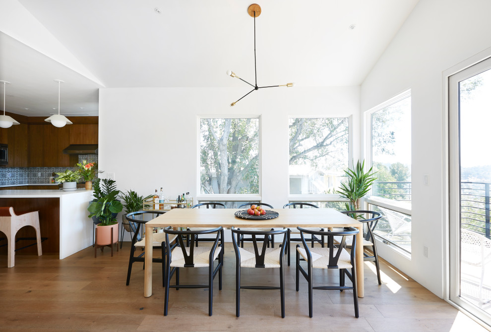 Contemporary open plan dining room in Los Angeles with white walls, medium hardwood flooring and brown floors.