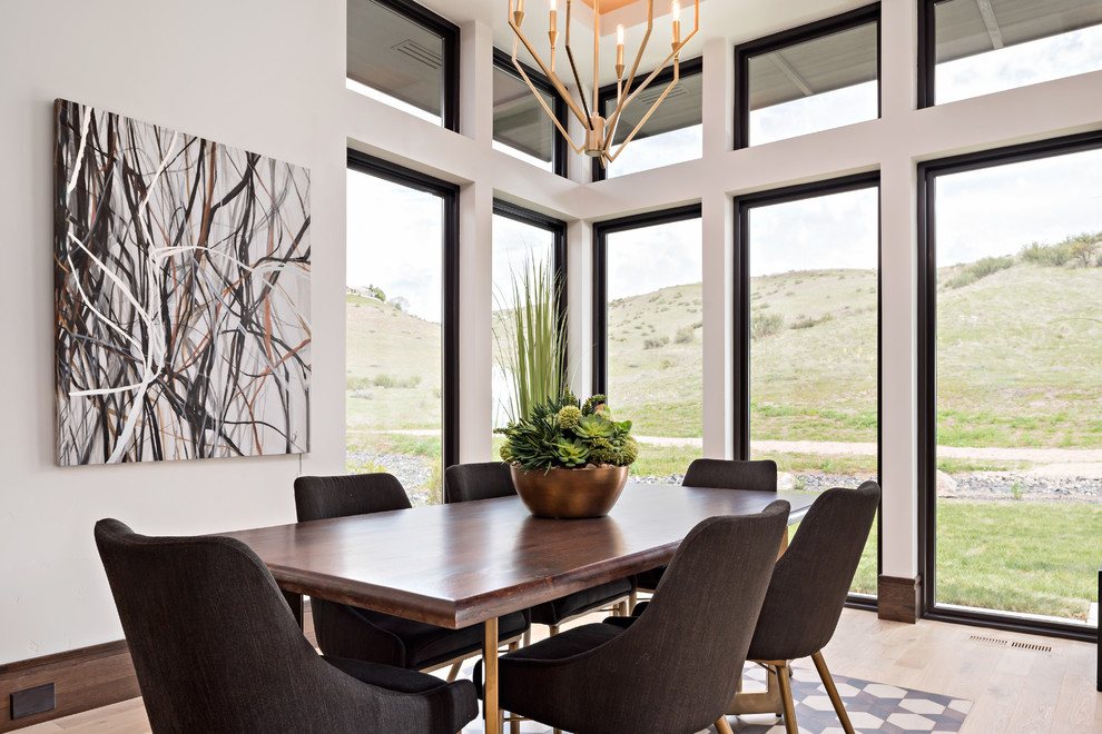 Contemporary dining room in Boise with white walls, light hardwood floors and beige floor.