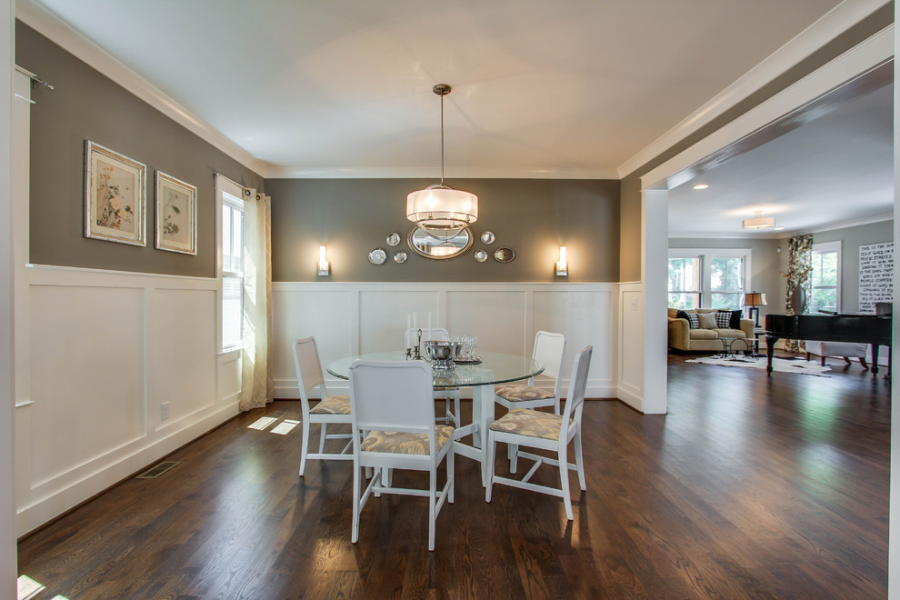 Great room - mid-sized transitional medium tone wood floor great room idea in Nashville with gray walls