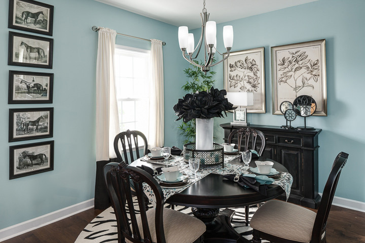 Aménagement d'une salle à manger classique avec un mur bleu, un sol en bois brun, aucune cheminée et éclairage.