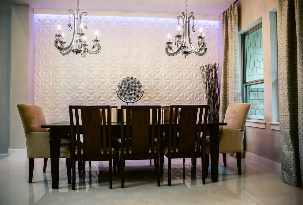 Idée de décoration pour une salle à manger design de taille moyenne avec un mur gris, un sol en carrelage de porcelaine, aucune cheminée et un sol blanc.
