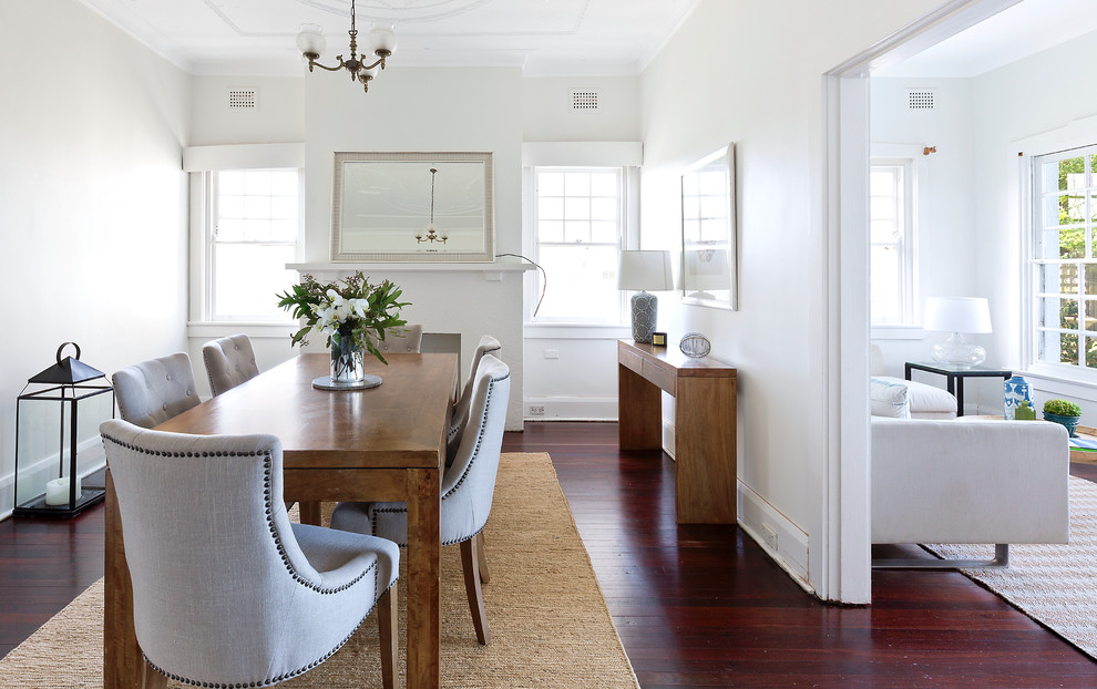 Design ideas for a medium sized classic dining room in Sydney with beige walls and dark hardwood flooring.