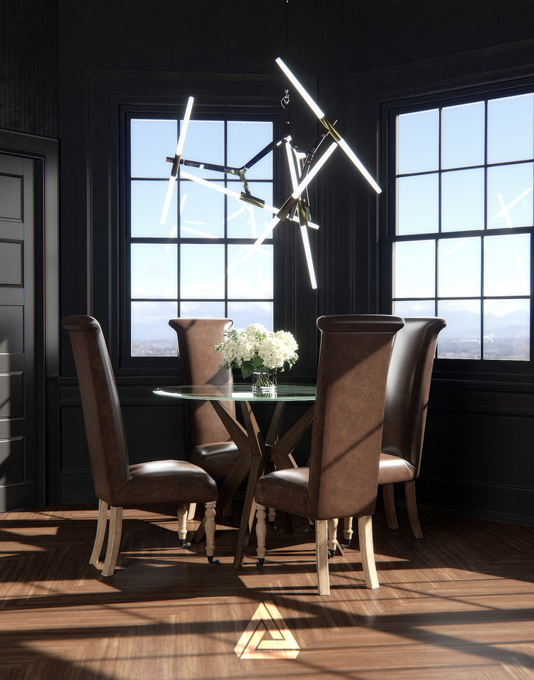 Inspiration for a medium sized victorian enclosed dining room in Venice with black walls, medium hardwood flooring and brown floors.