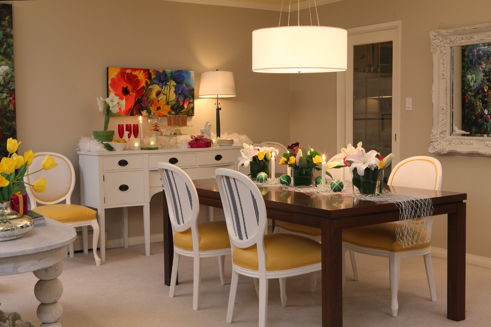 Dining room - eclectic carpeted dining room idea in Vancouver with beige walls