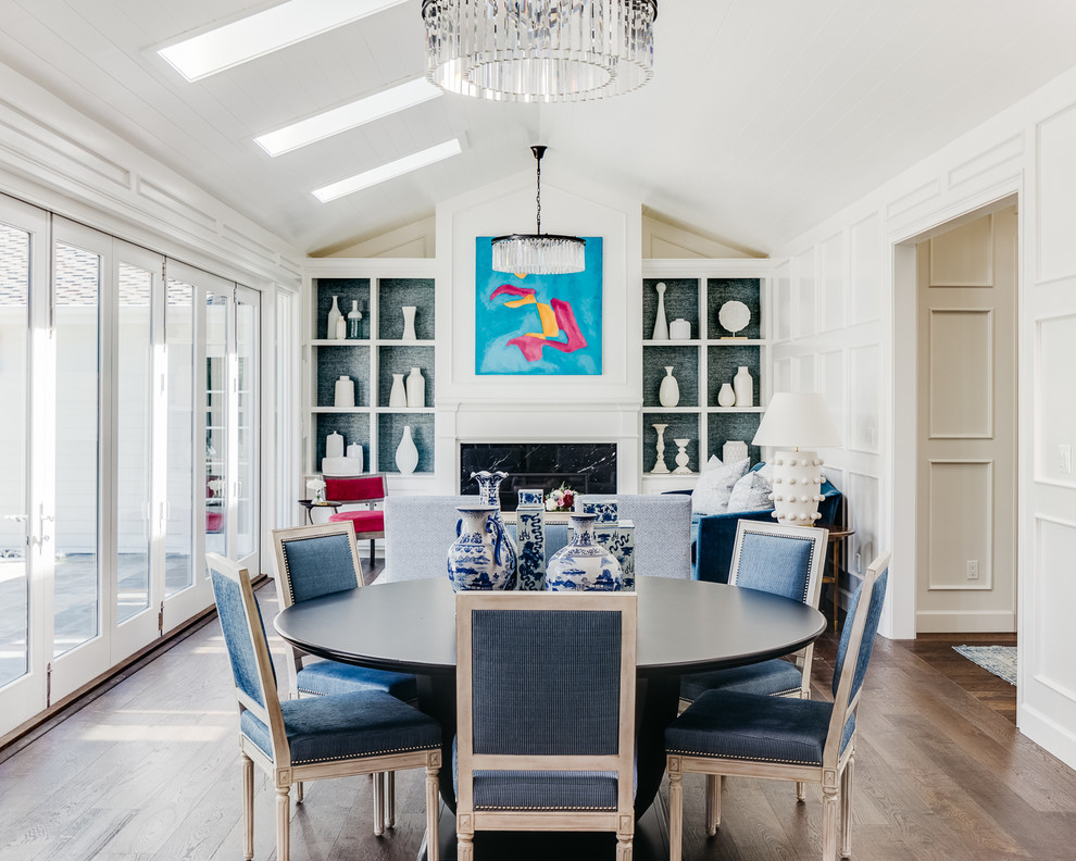 Mid-sized transitional dark wood floor dining room photo in San Francisco with white walls