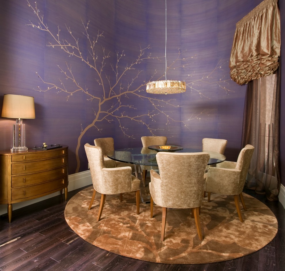 Design ideas for a medium sized contemporary dining room in Sacramento with purple walls, dark hardwood flooring and feature lighting.