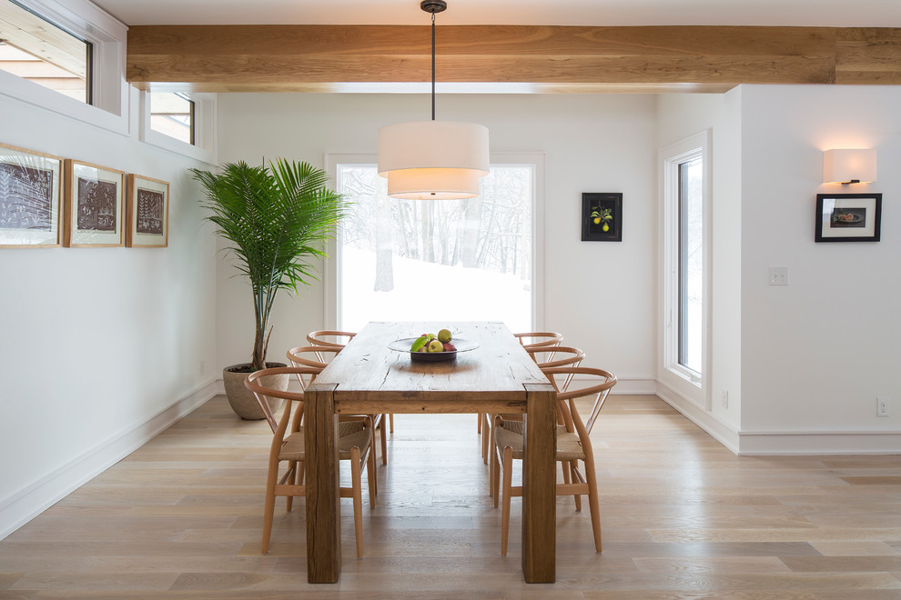 Inspiration for a modern light wood floor dining room remodel in Minneapolis with white walls