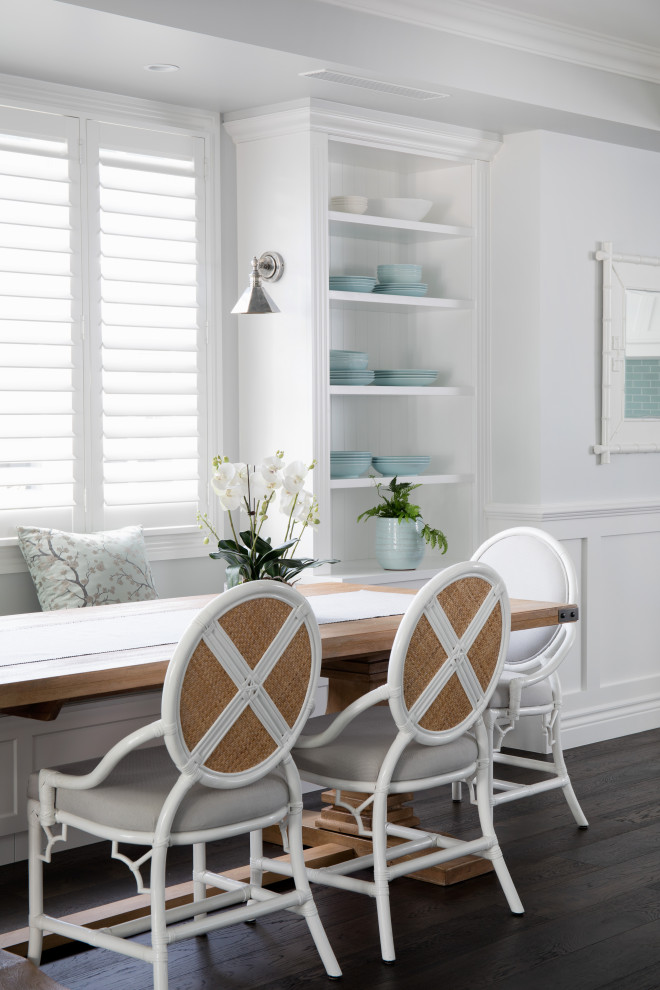 Inspiration for a large transitional dark wood floor, brown floor and wainscoting breakfast nook remodel in Brisbane with white walls