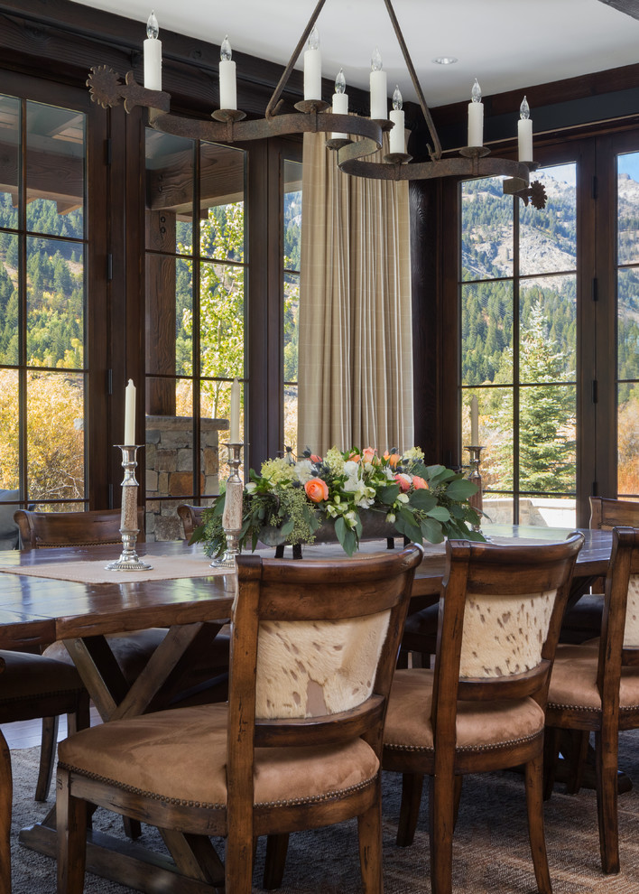 Example of a mountain style medium tone wood floor dining room design in Other