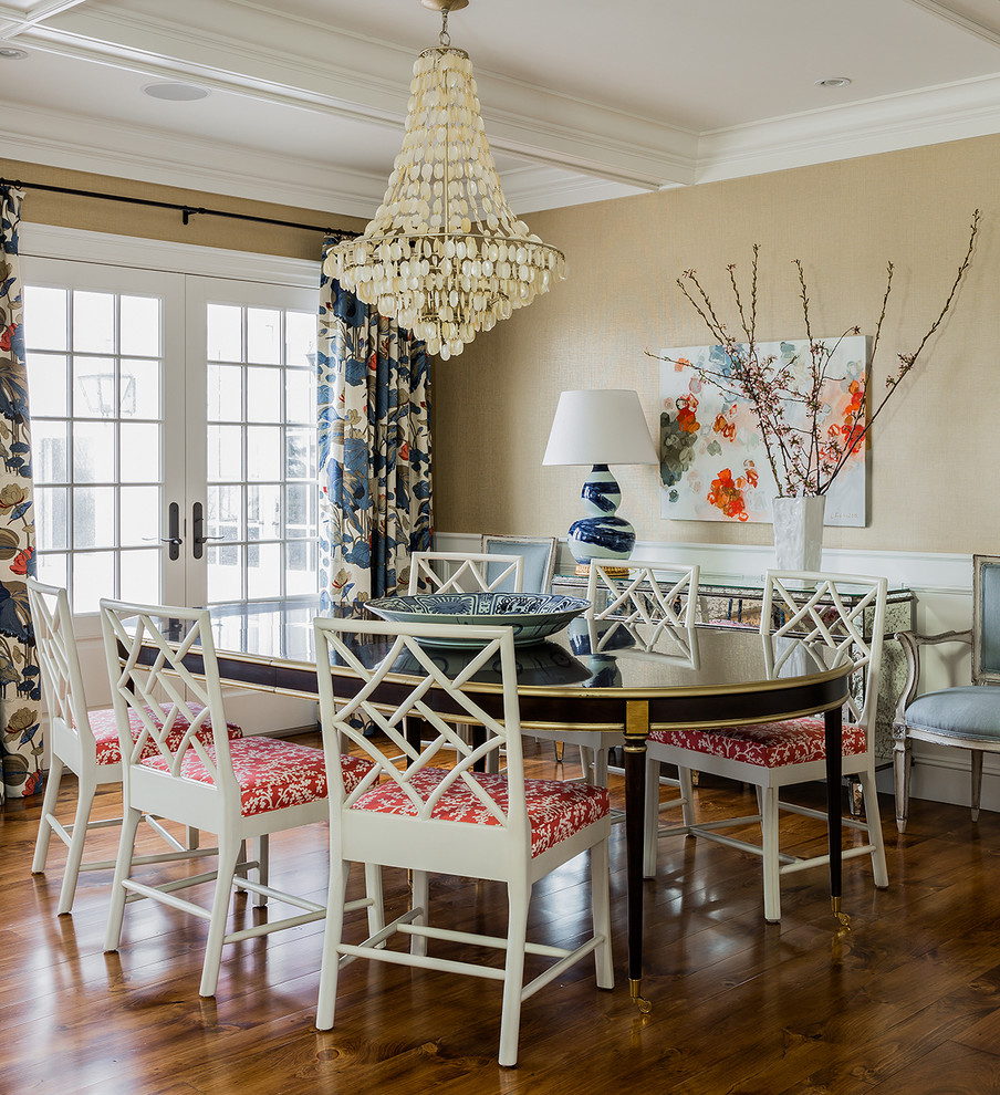 Example of a beach style dark wood floor dining room design in Boston with beige walls